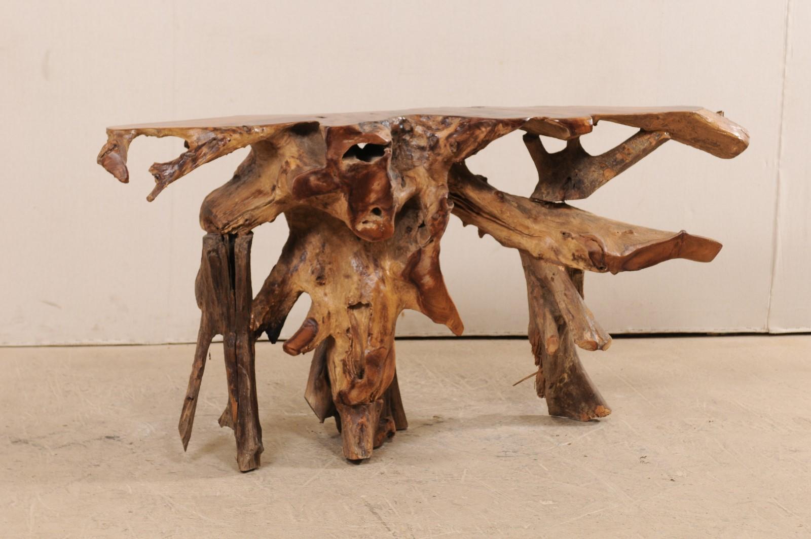 A natural teak root console table. This wooden console table has been custom fashioned from a large cut section of old teak (with the addition of a few newer pieces for added stability) whose intertwining roots give it an organic and airy feel.