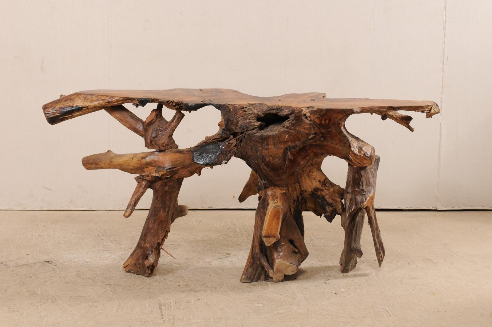 teak root console table