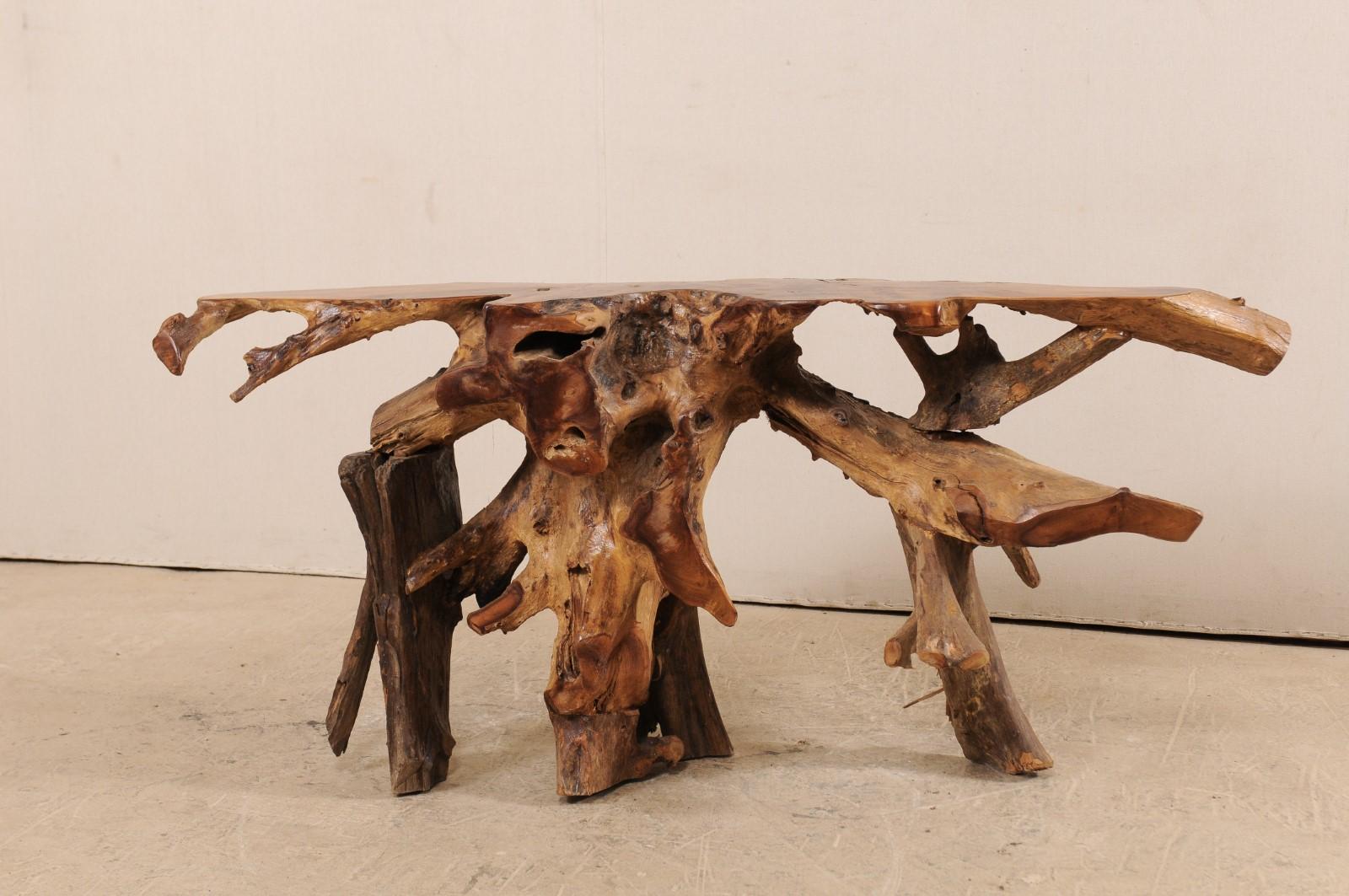 Carved Natural Hardwood Teak Root Console or Sofa Table