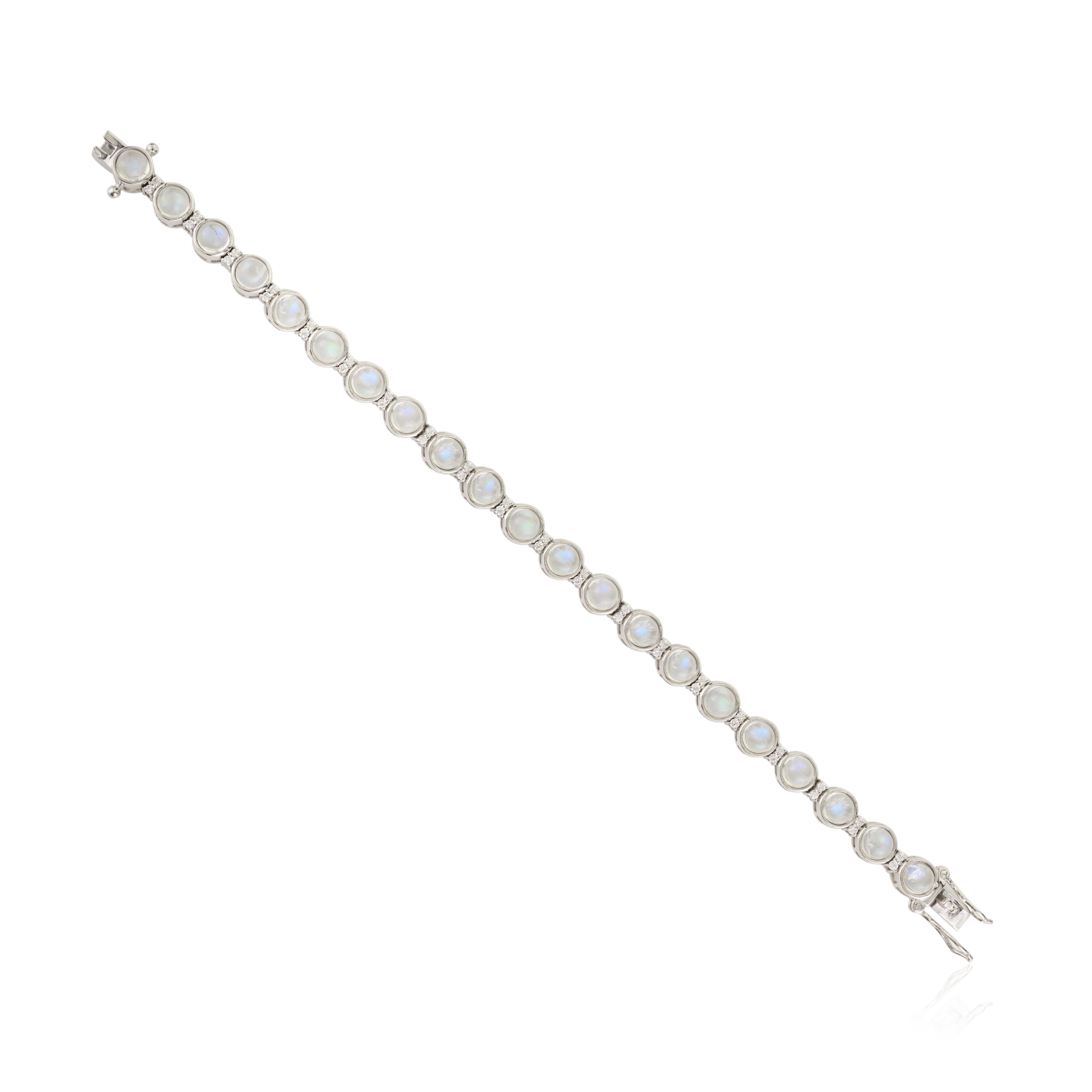 Modernist Natural Healing Rainbow Moonstone with Zircon Tennis Bracelet Made in 925 Silver For Sale