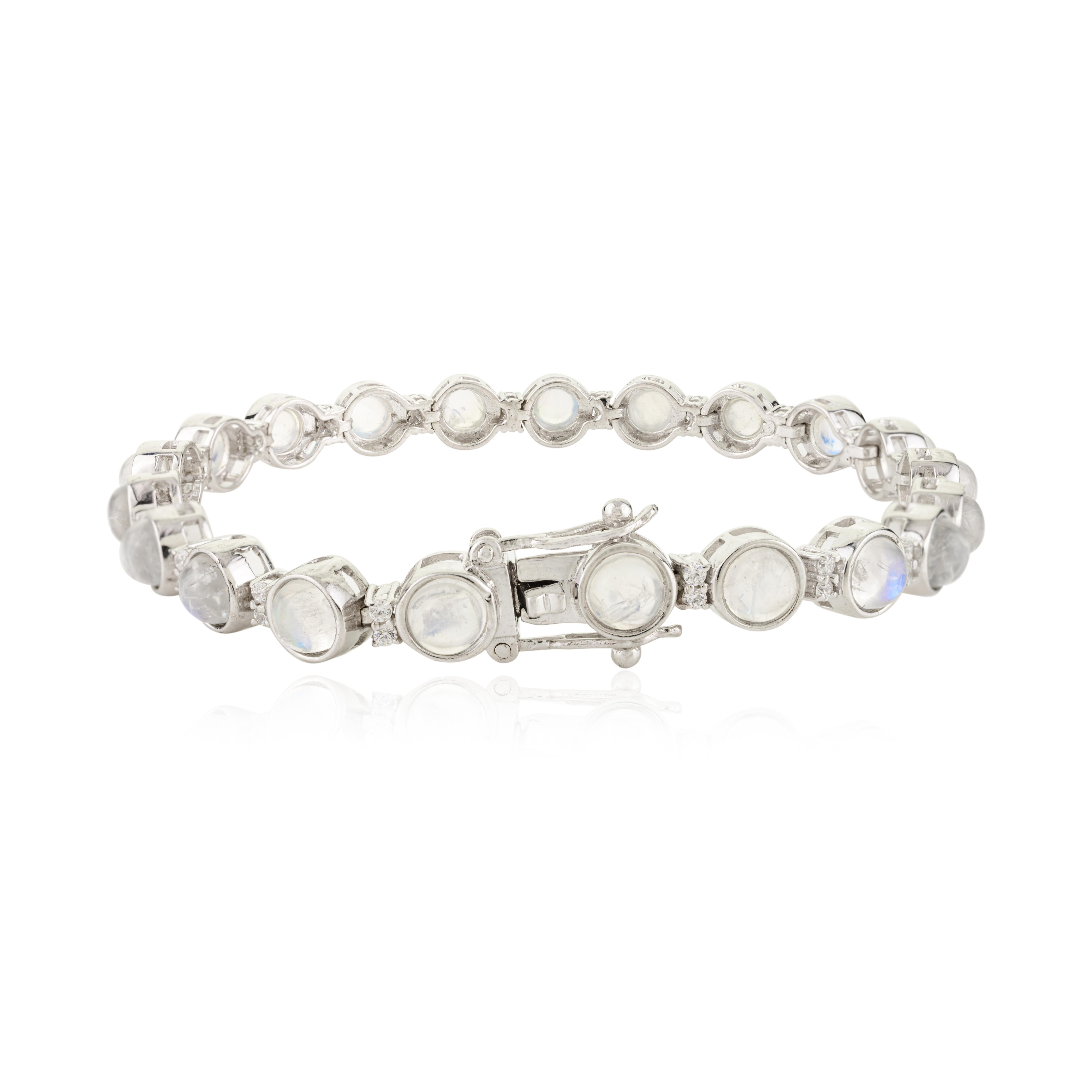Natural Healing Rainbow Moonstone with Zircon Tennis Bracelet Made in 925 Silver In New Condition For Sale In New York, NY