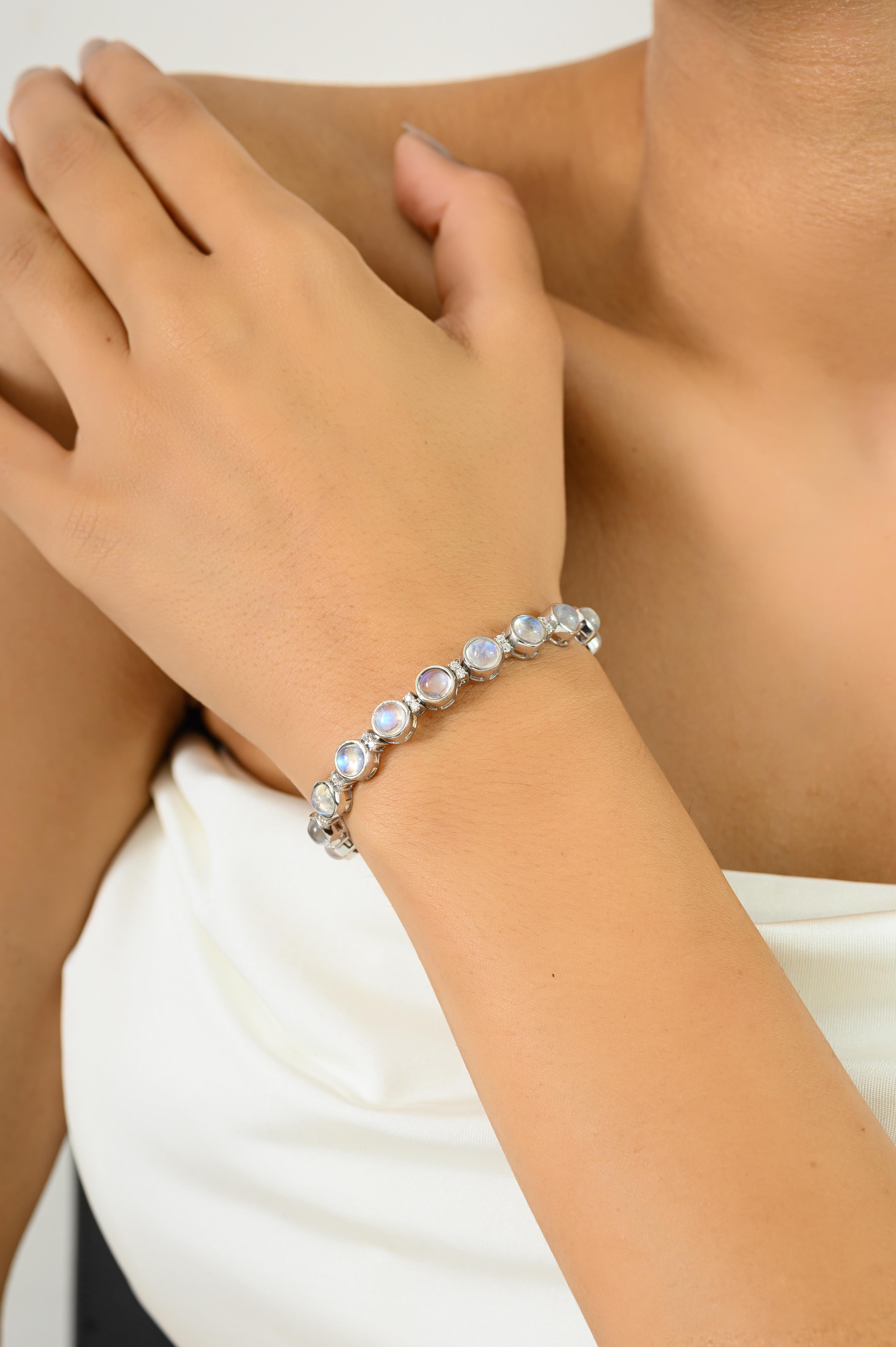 Women's or Men's Natural Healing Rainbow Moonstone with Zircon Tennis Bracelet Made in 925 Silver For Sale