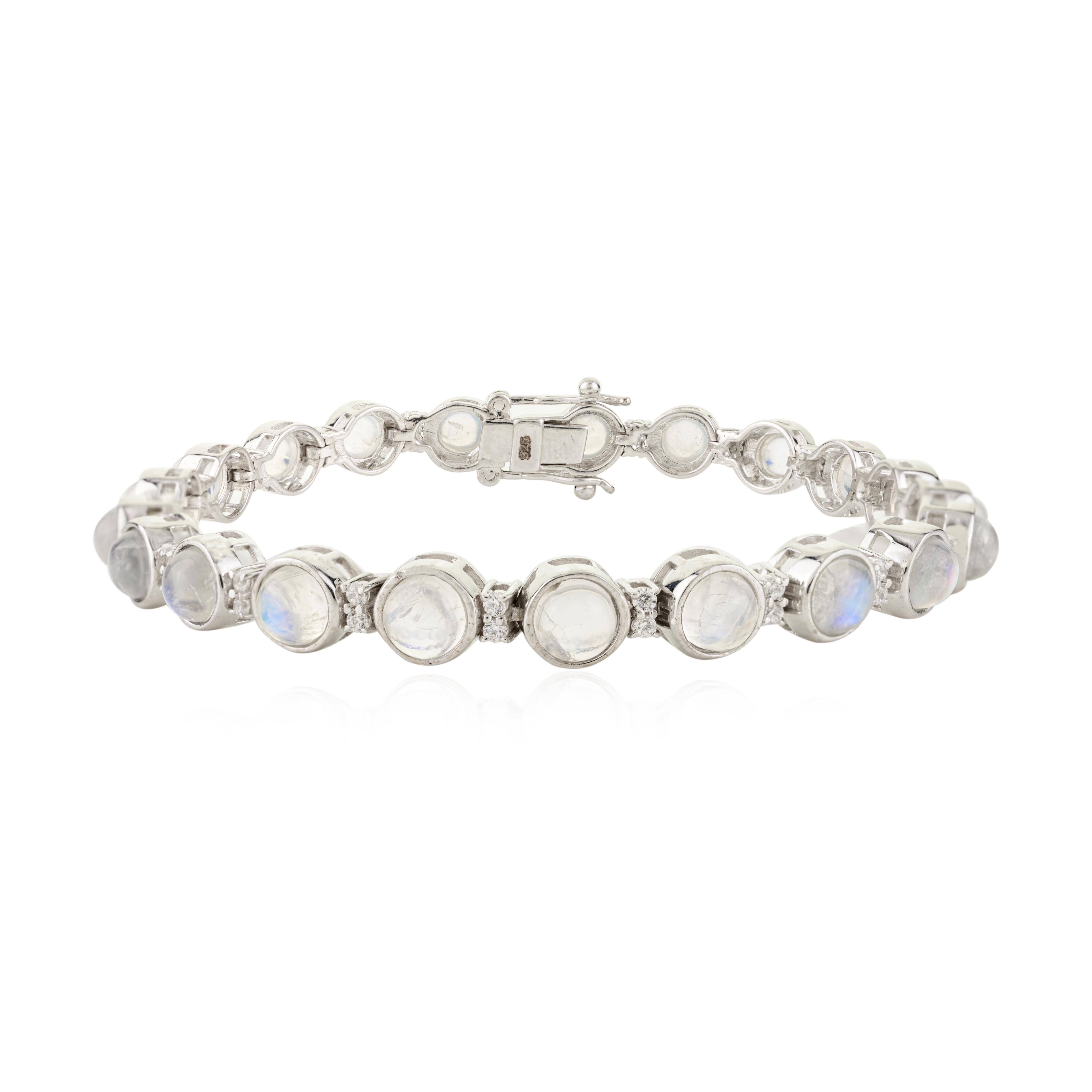 Natural Healing Rainbow Moonstone with Zircon Tennis Bracelet Made in 925 Silver For Sale 1