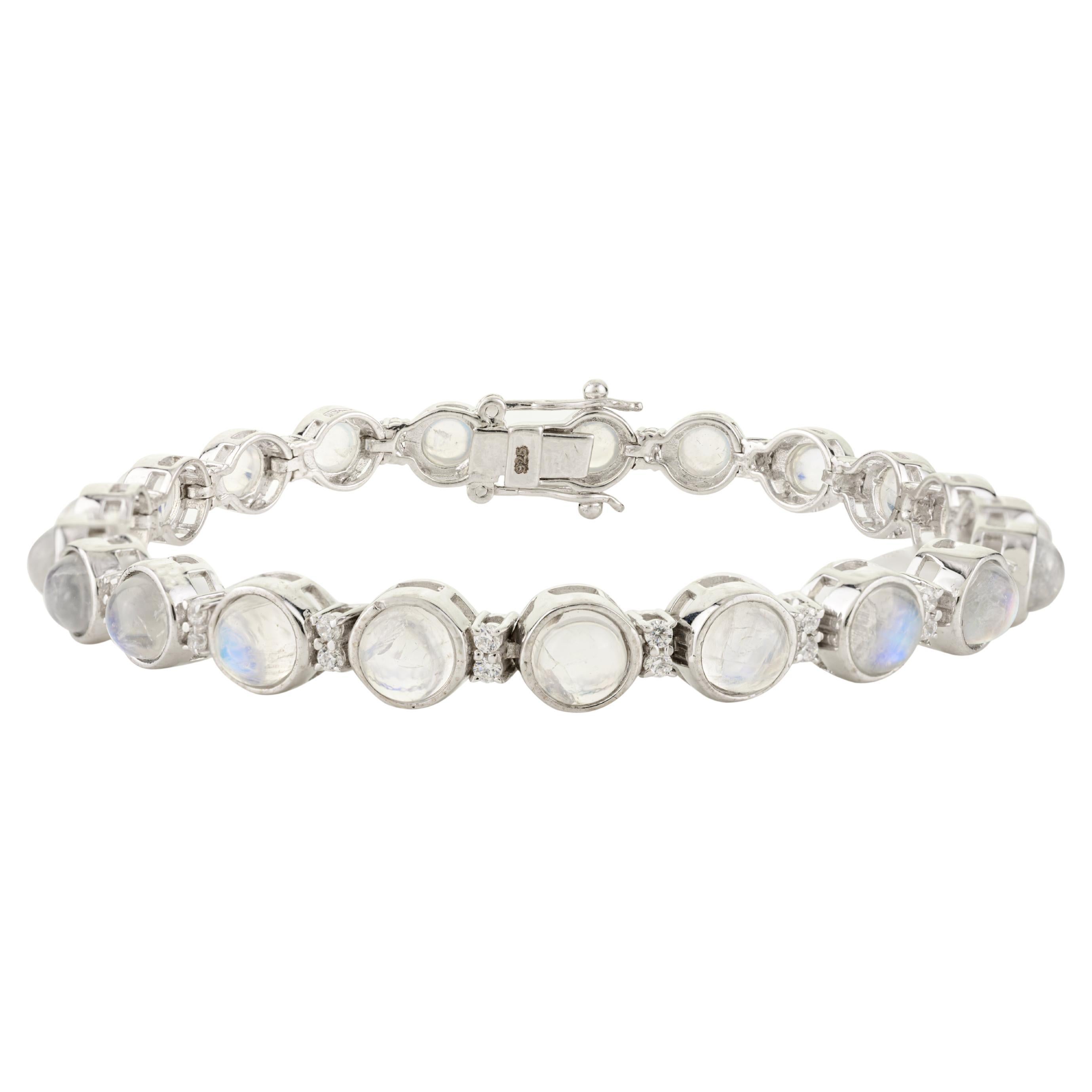 Natural Healing Rainbow Moonstone with Zircon Tennis Bracelet Made in 925 Silver For Sale