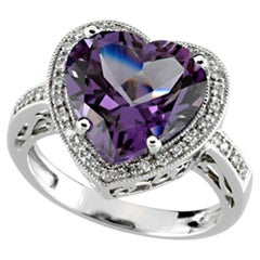 Natural Heart Amethyst and Diamond Ring 14K White Gold