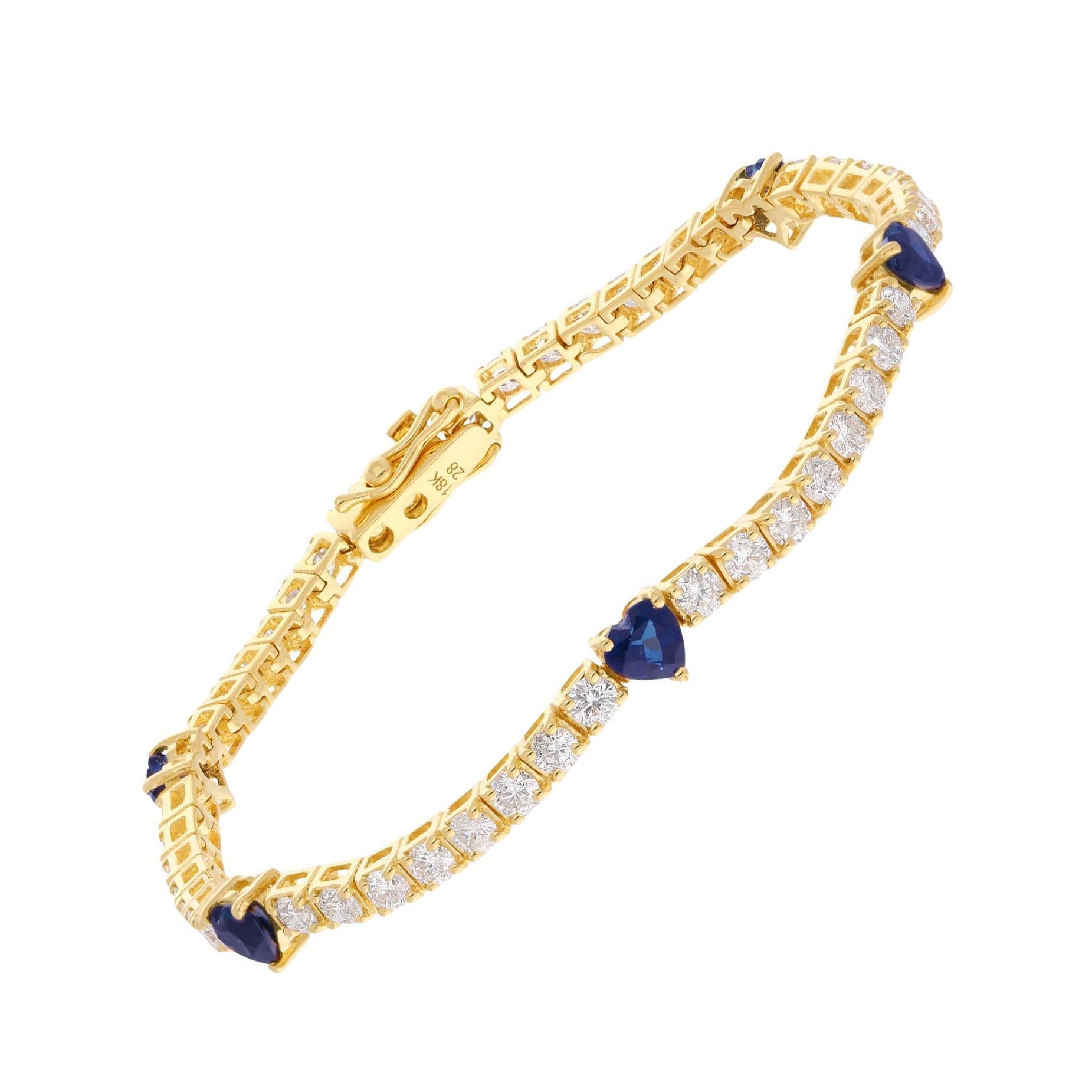 Natural Heart Blue Sapphire Diamond Chain Bracelet 14 Karat Yellow Gold