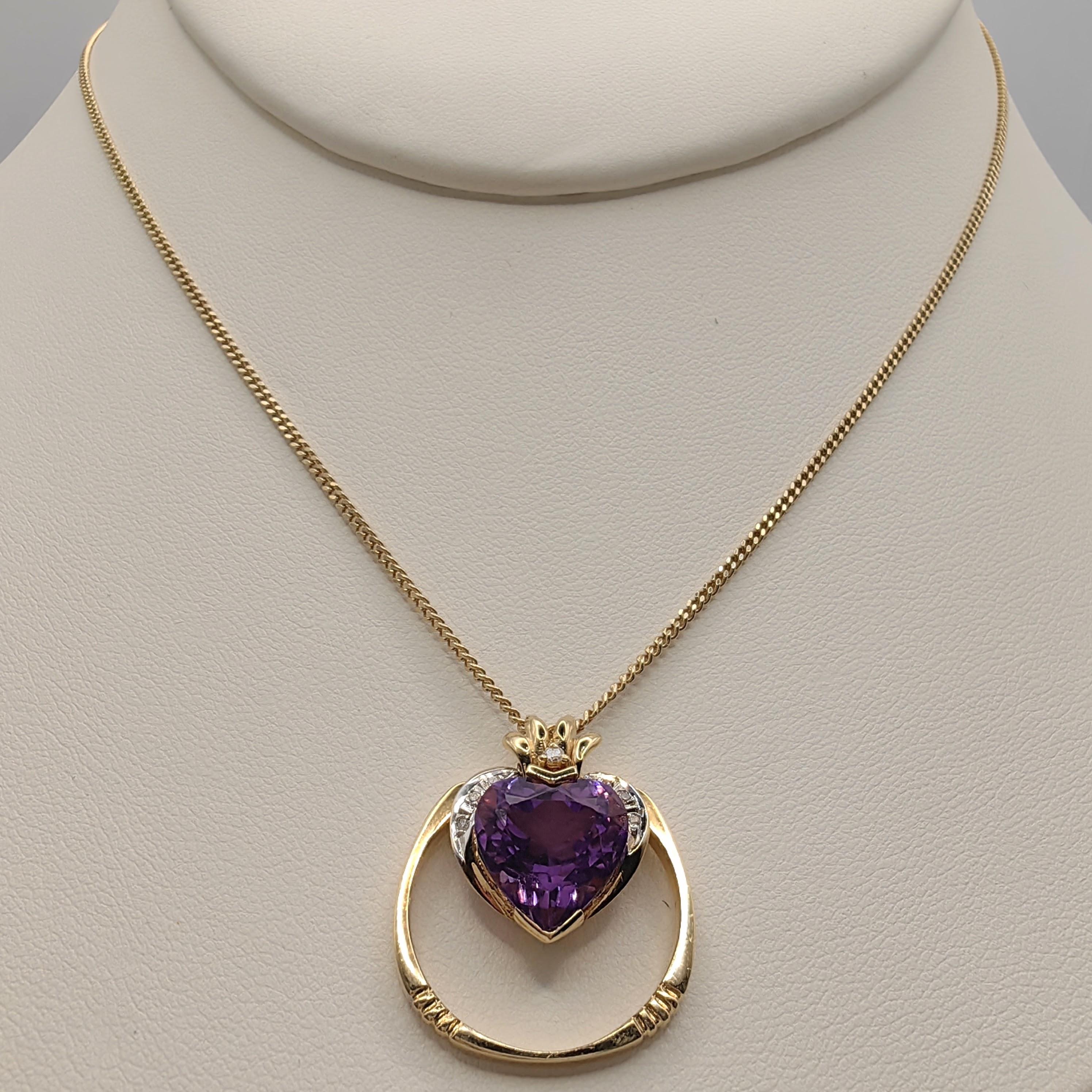 Natural Heart-cut Amethyst Diamond Two-Tone Ring & Pendant in 14K Gold For Sale 4