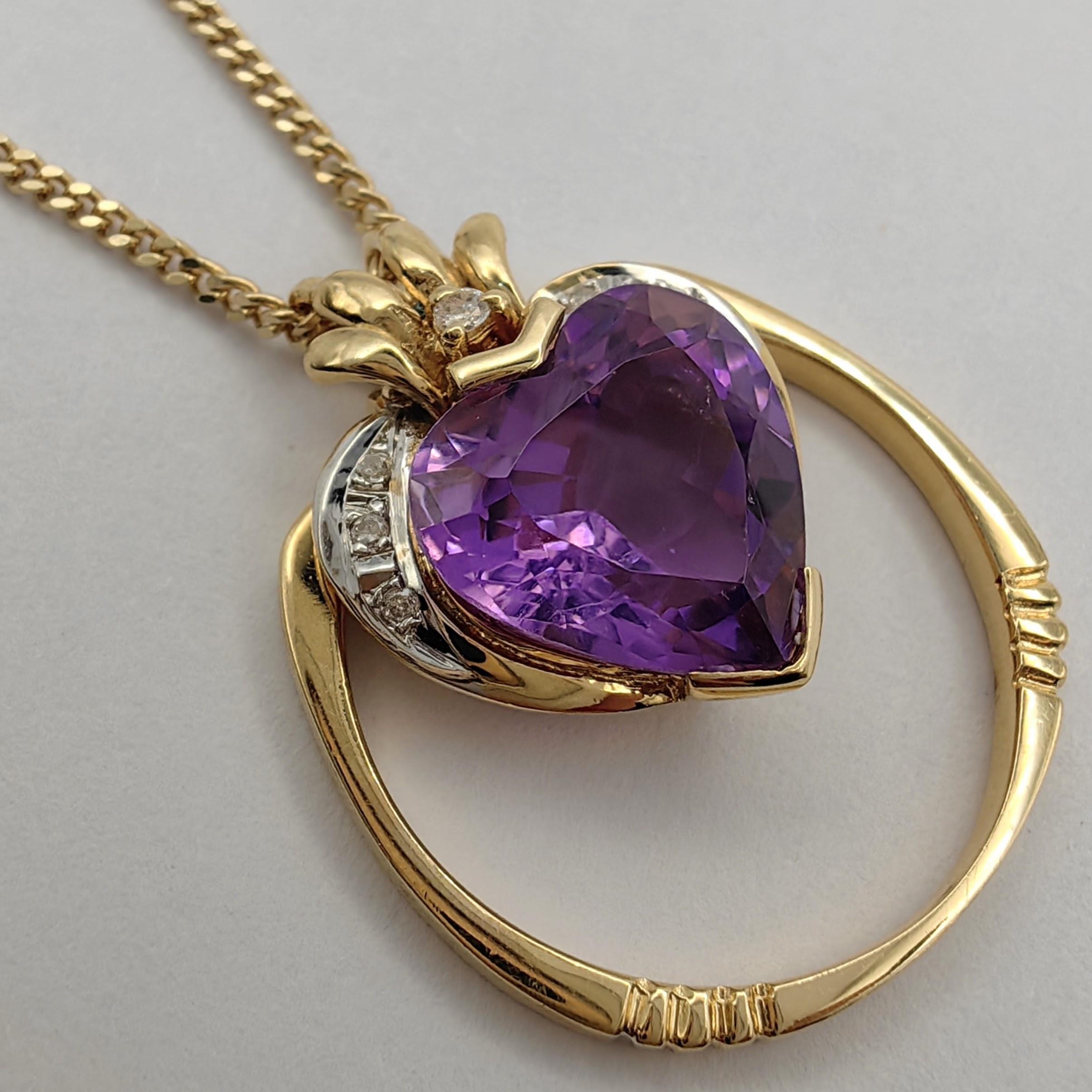 Natural Heart-cut Amethyst Diamond Two-Tone Ring & Pendant in 14K Gold For Sale 6