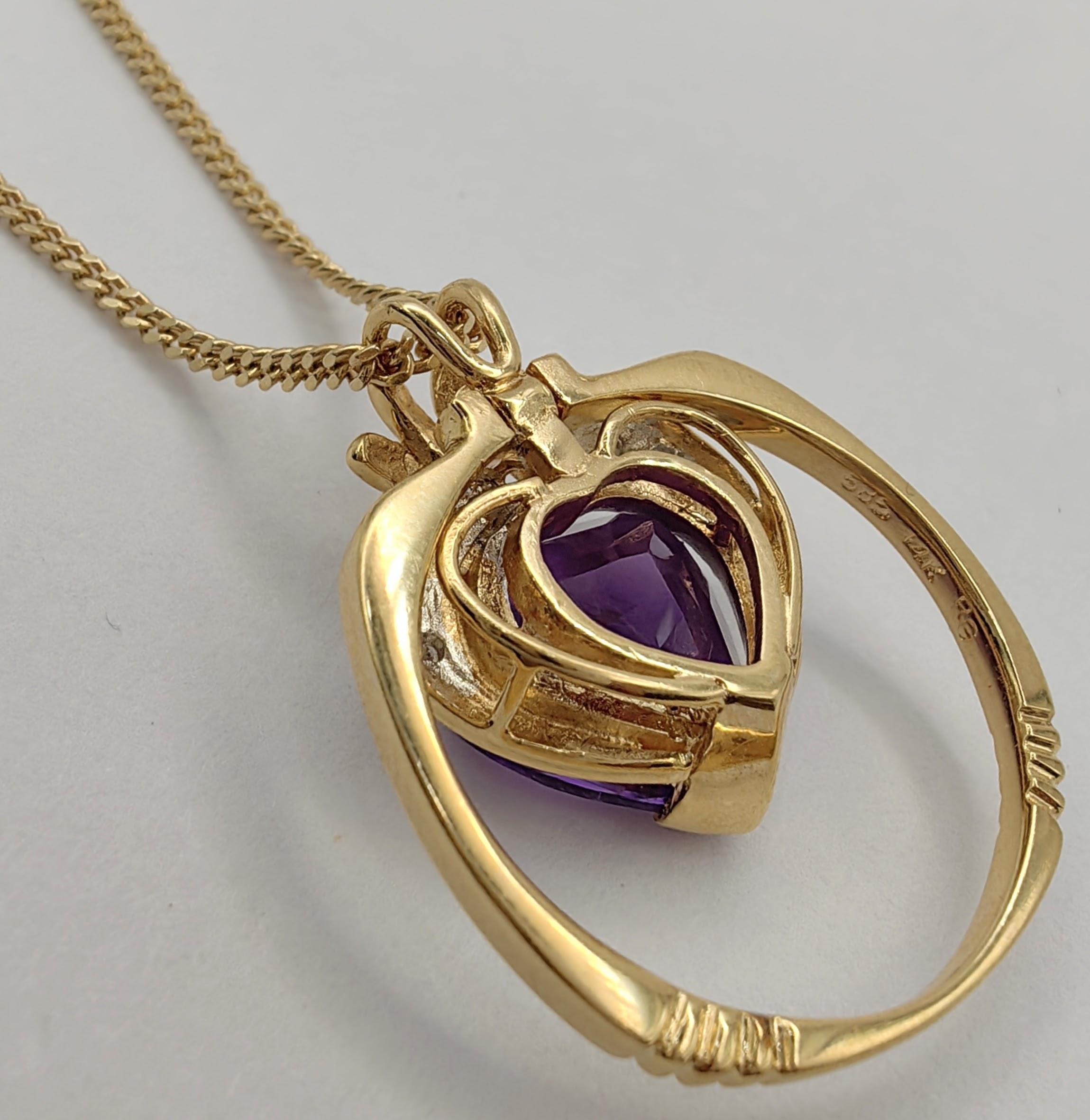Natural Heart-cut Amethyst Diamond Two-Tone Ring & Pendant in 14K Gold For Sale 7