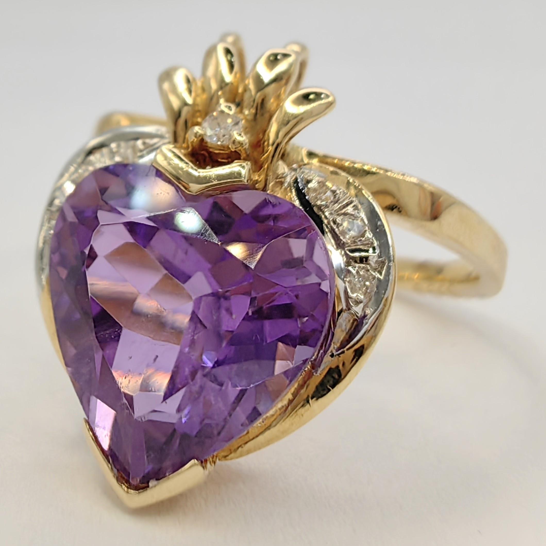 Natural Heart-cut Amethyst Diamond Two-Tone Ring & Pendant in 14K Gold For Sale 9