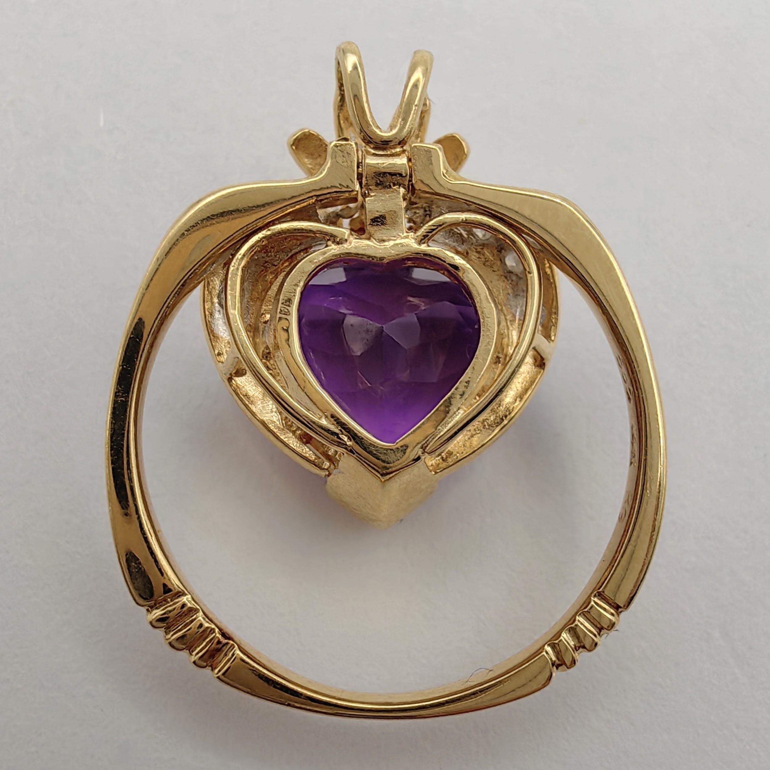 Contemporary Natural Heart-cut Amethyst Diamond Two-Tone Ring & Pendant in 14K Gold For Sale