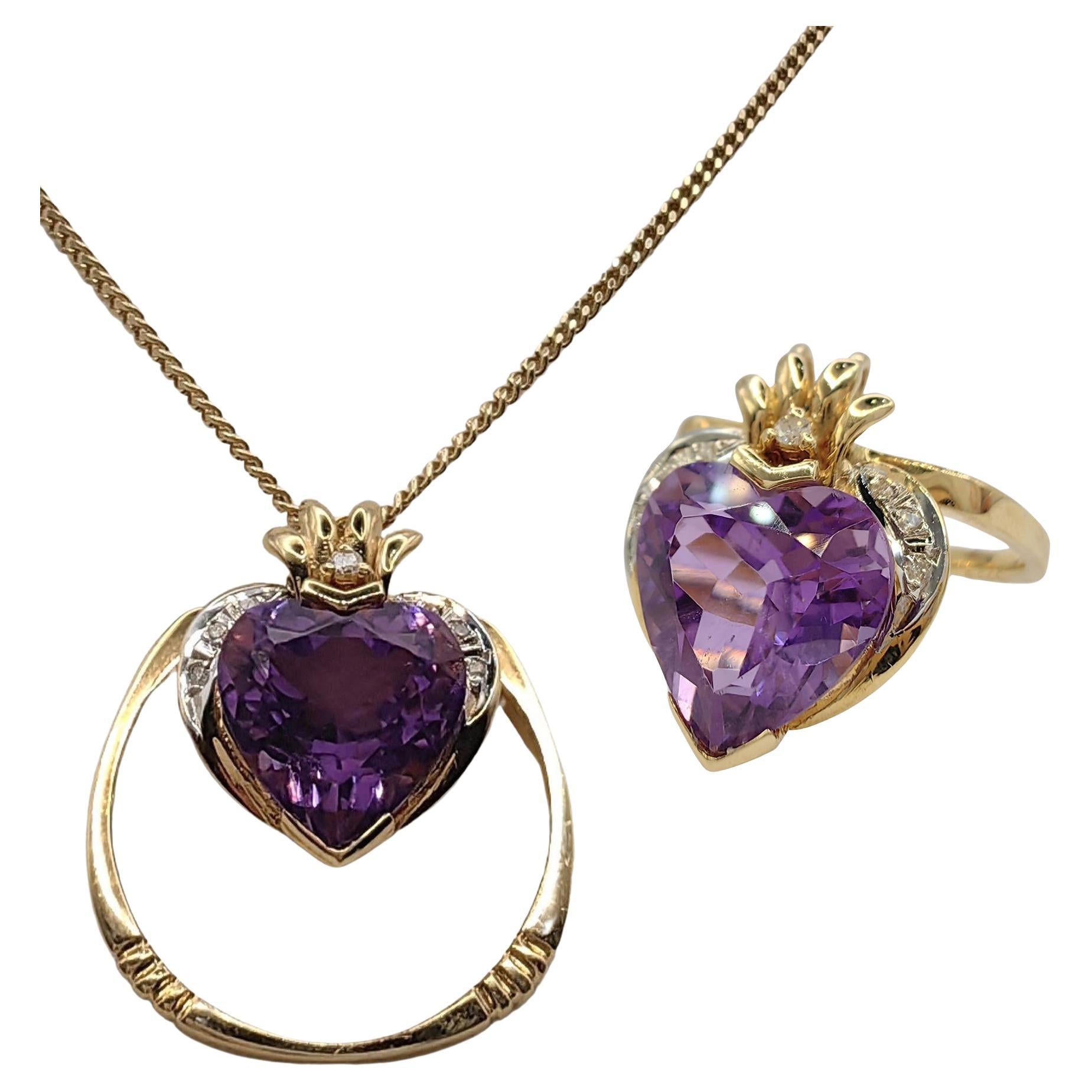 Natural Heart-cut Amethyst Diamond Two-Tone Ring & Pendant in 14K Gold For Sale