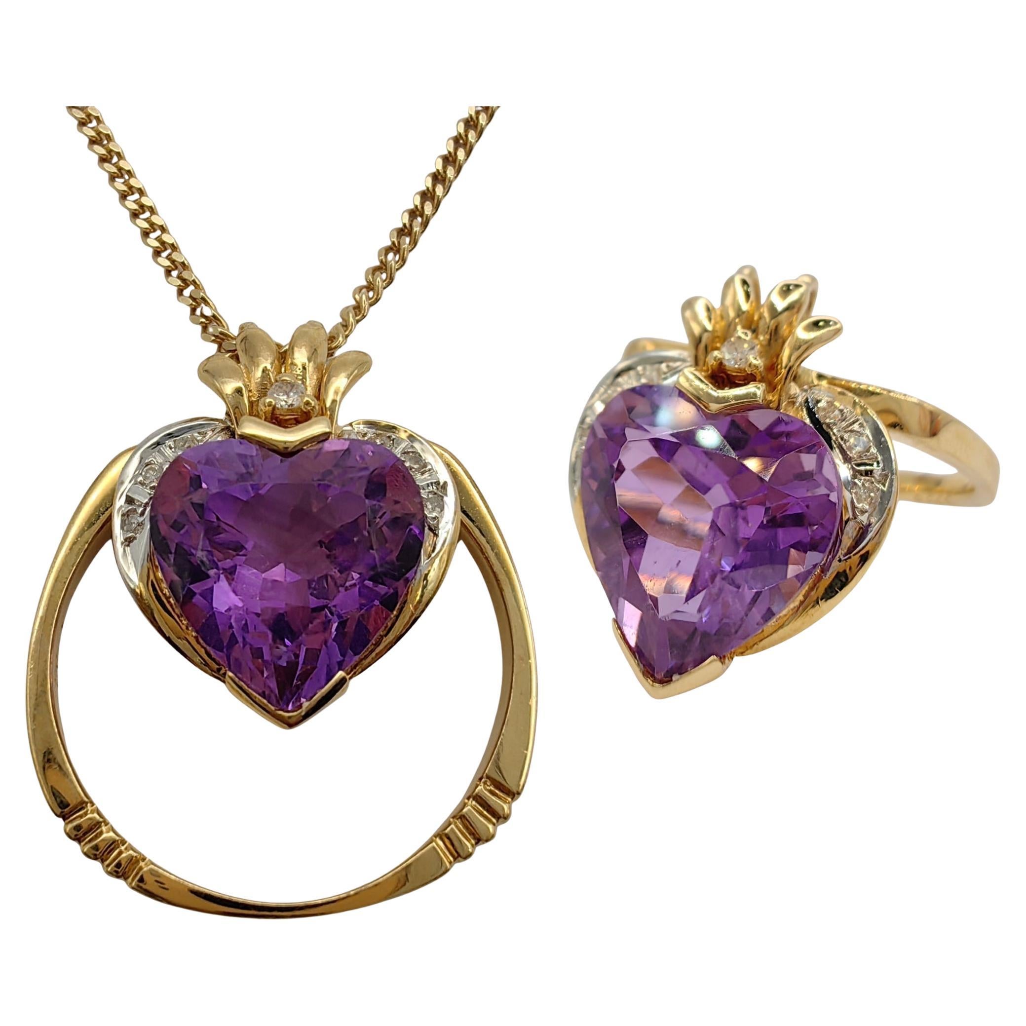 Zweifarbiger Amethyst-Diamant-Ring und -Anhänger mit Herzschliff aus 14 Karat Gold im Angebot