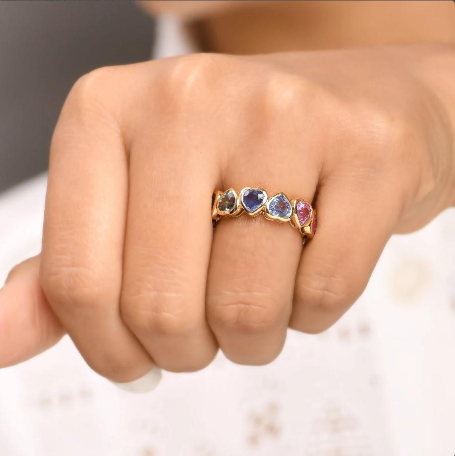 Taille Asscher Bague en or 14k avec saphir multicolore naturel taillé en cœur en vente