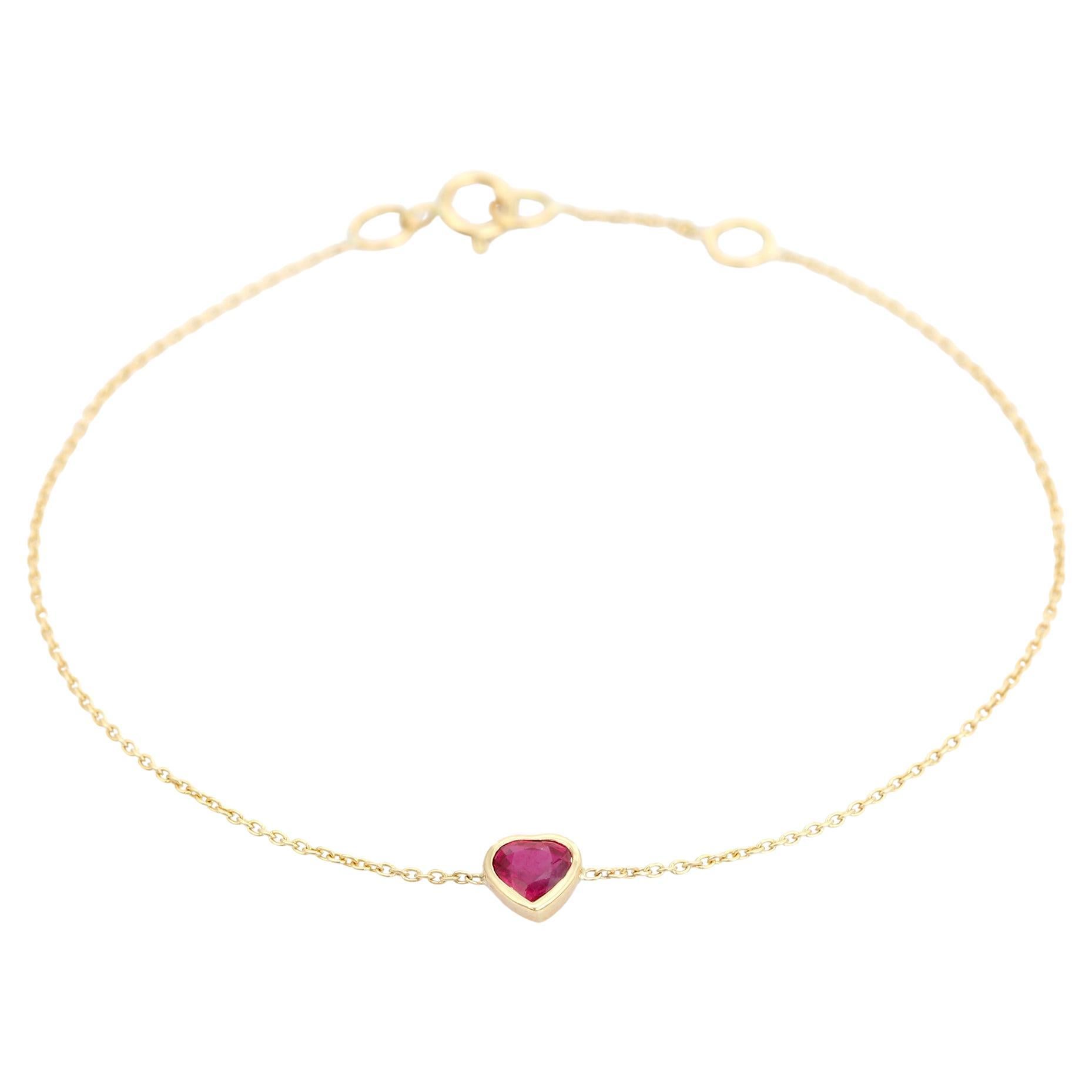 Bracciale a catena con castone in oro giallo 14K con rubino naturale tagliato a cuore Gioielli di pregio