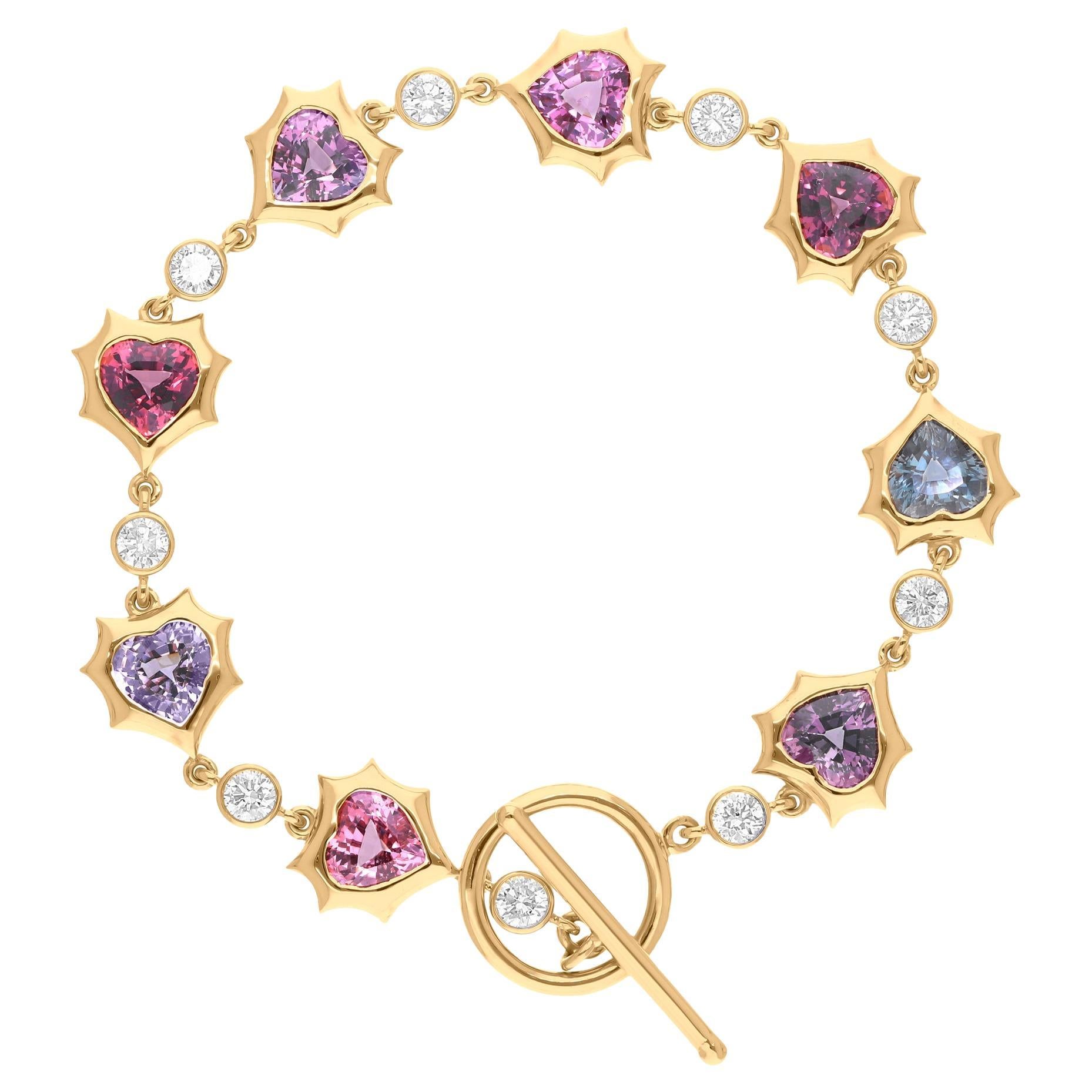 Natural Heart Multi Spinel SI/H Diamond 14 Karat Yellow Gold Toggle Bracelet For Sale