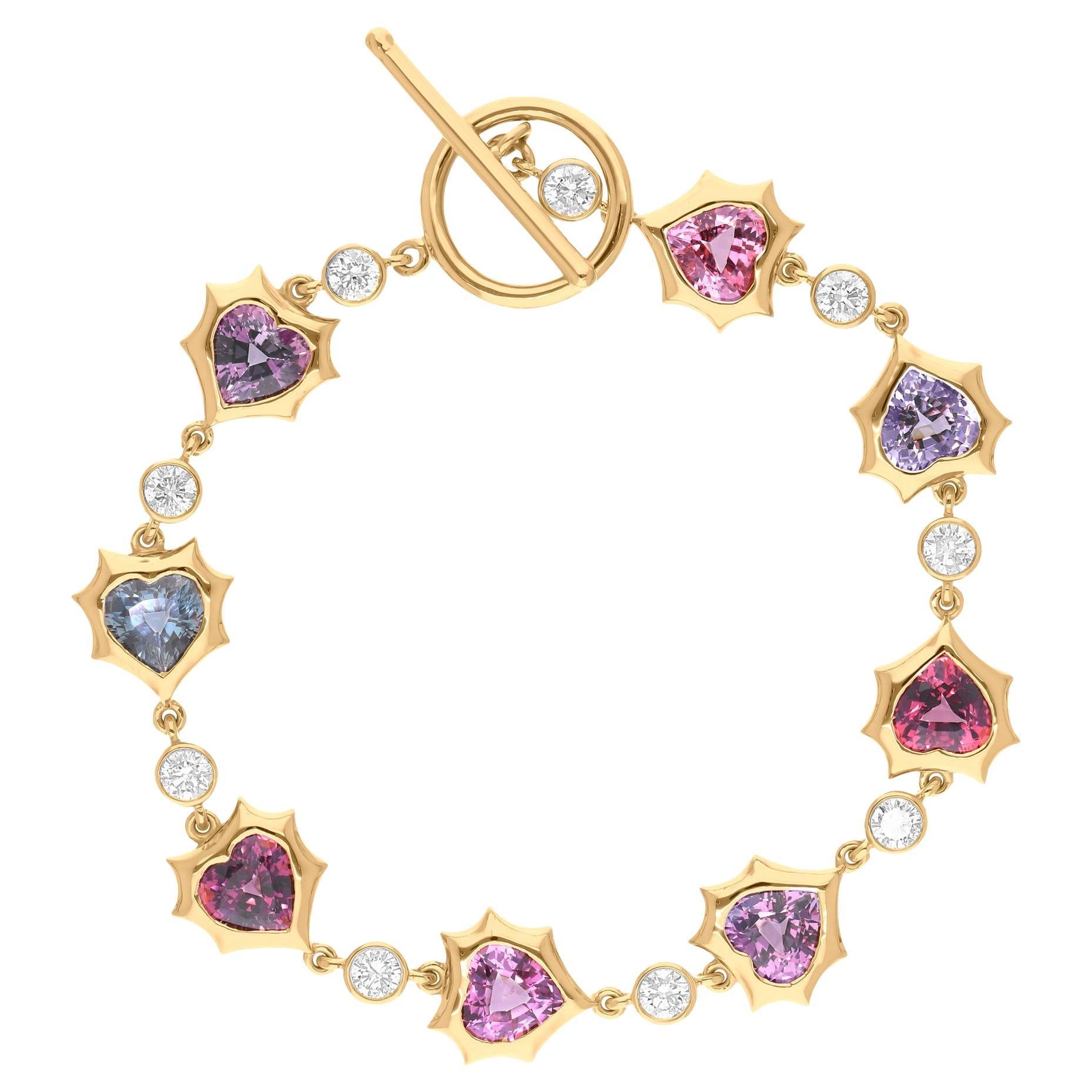 Bracelet à bascule en or jaune 18 carats avec spinelles en forme de cœurs naturels multicolores SI/H diamants