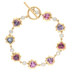 Natural Heart Multi Spinel SI/H Diamond 18 Karat Yellow Gold Toggle Bracelet
