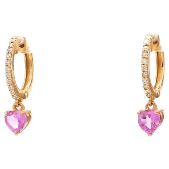 Boucles d'oreilles en or 18k saphir rose et diamant en forme de coeur naturel en vente