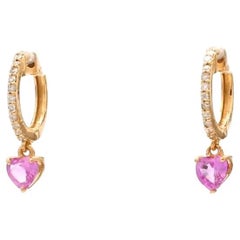 Boucles d'oreilles en or 18k saphir rose et diamant en forme de coeur naturel