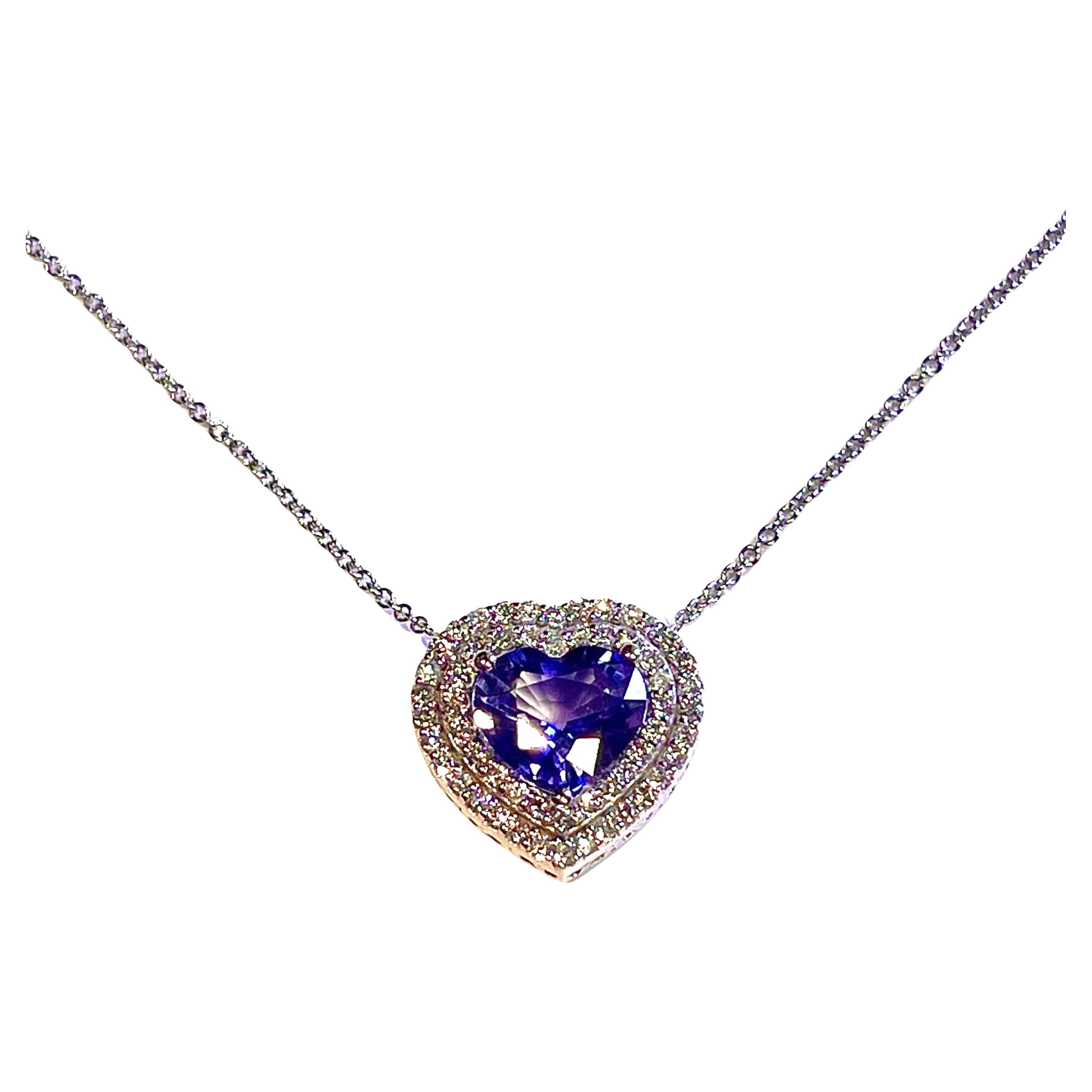 Natural Heart Sapphire Diamond Pendant 18" 14k W Gold 4.13 TCW Certified  For Sale