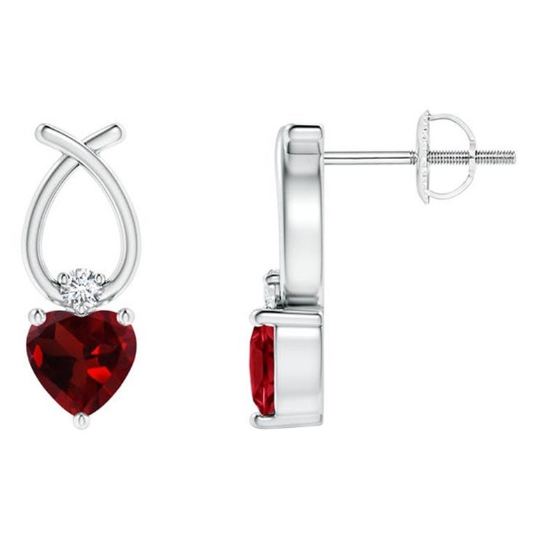 Natural Heart Shaped 0.50ct Garnet Earrings with Diamond in Platinum