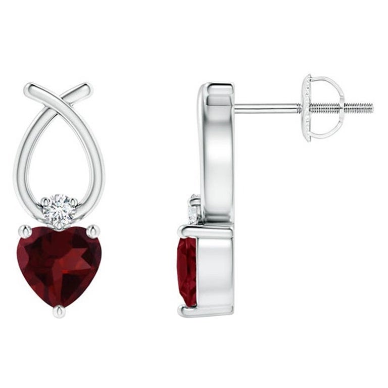Natural Heart Shaped 0.90ct Garnet Earrings with Diamond in Platinum