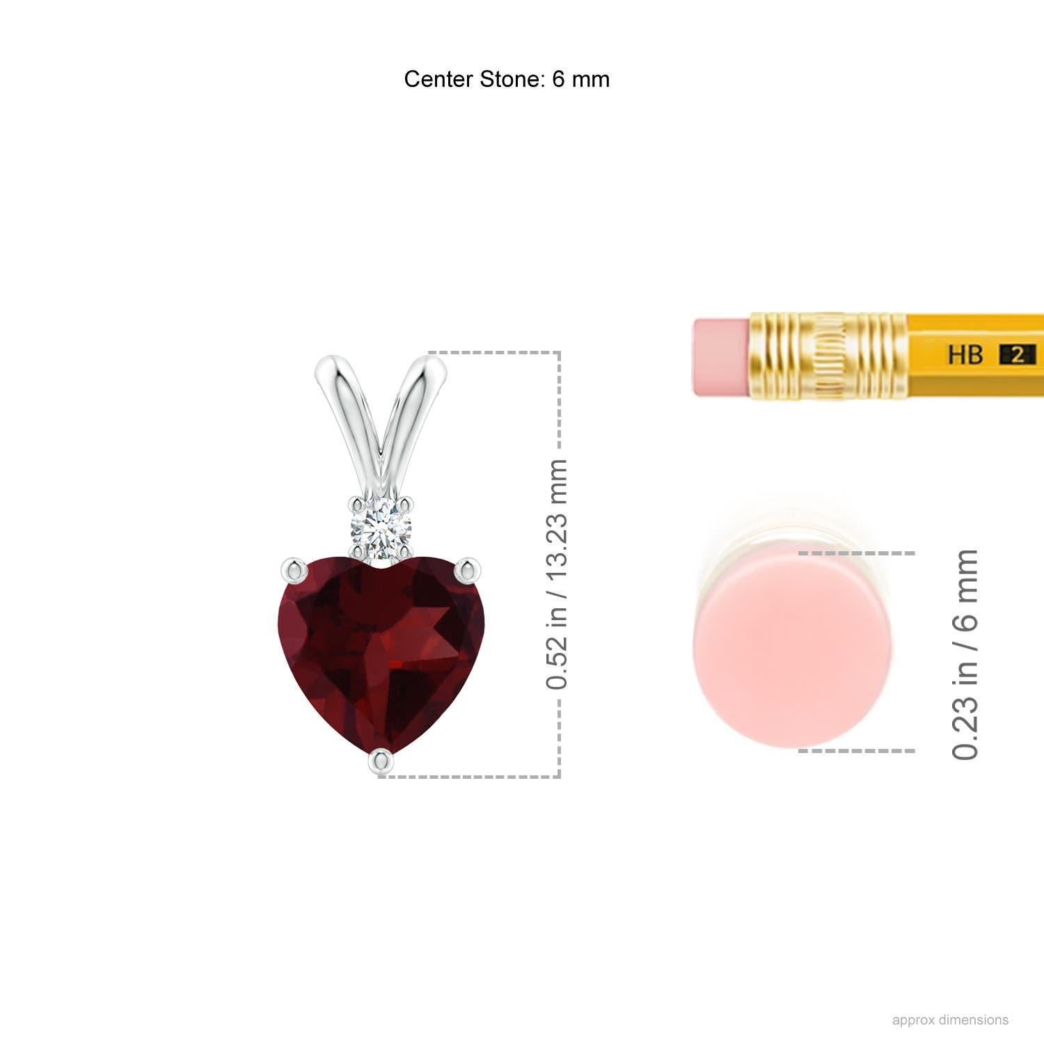 Captivating with its deep red hue is the heart-shaped garnet in prong-setting. It is topped with a sparkling diamond accent and linked to a lustrous V-bale. This garnet pendant is crafted in platinum.