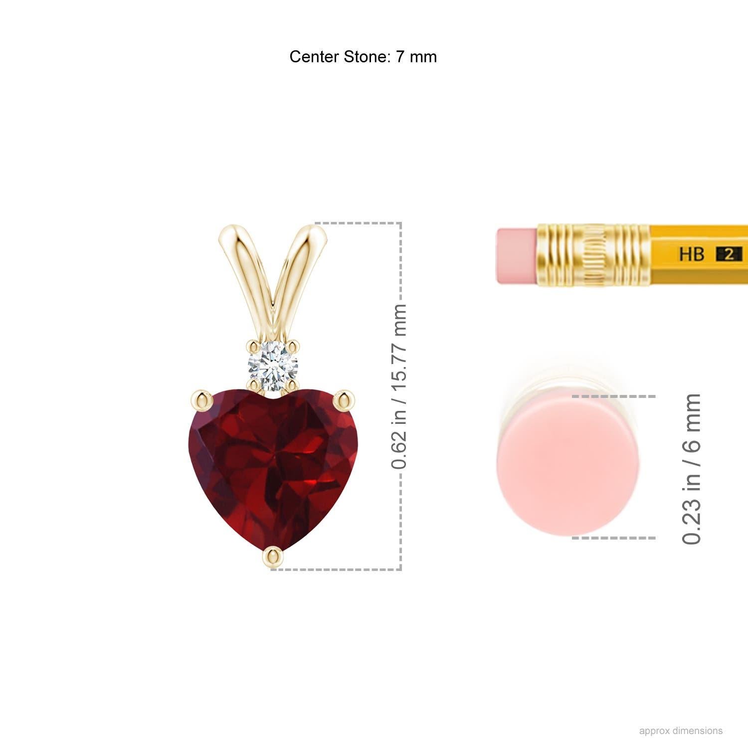 Captivating with its deep red hue is the heart-shaped garnet in prong-setting. It is topped with a sparkling diamond accent and linked to a lustrous V-bale. This garnet pendant is crafted in 14k yellow gold.