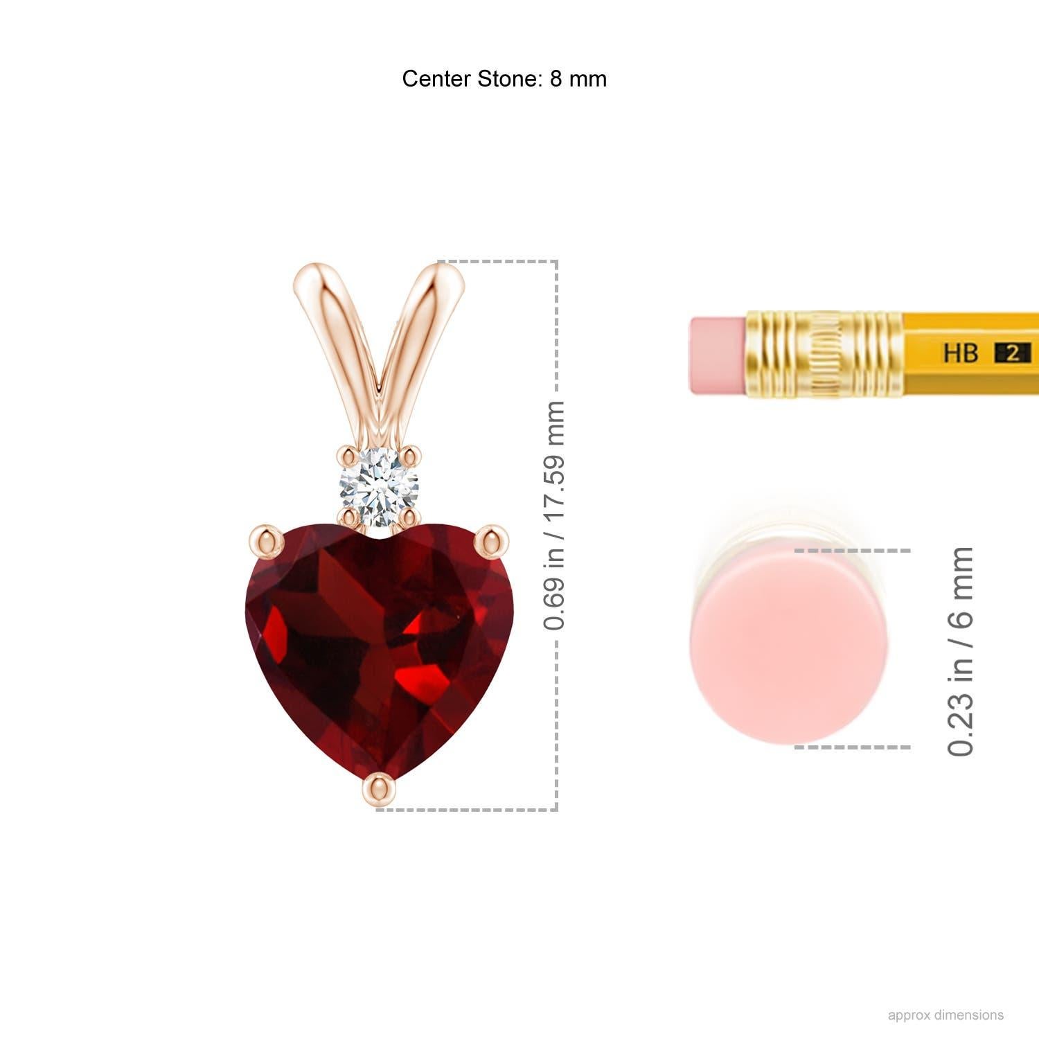Captivating with its deep red hue is the heart-shaped garnet in prong-setting. It is topped with a sparkling diamond accent and linked to a lustrous V-bale. This garnet pendant is crafted in 14k rose gold.