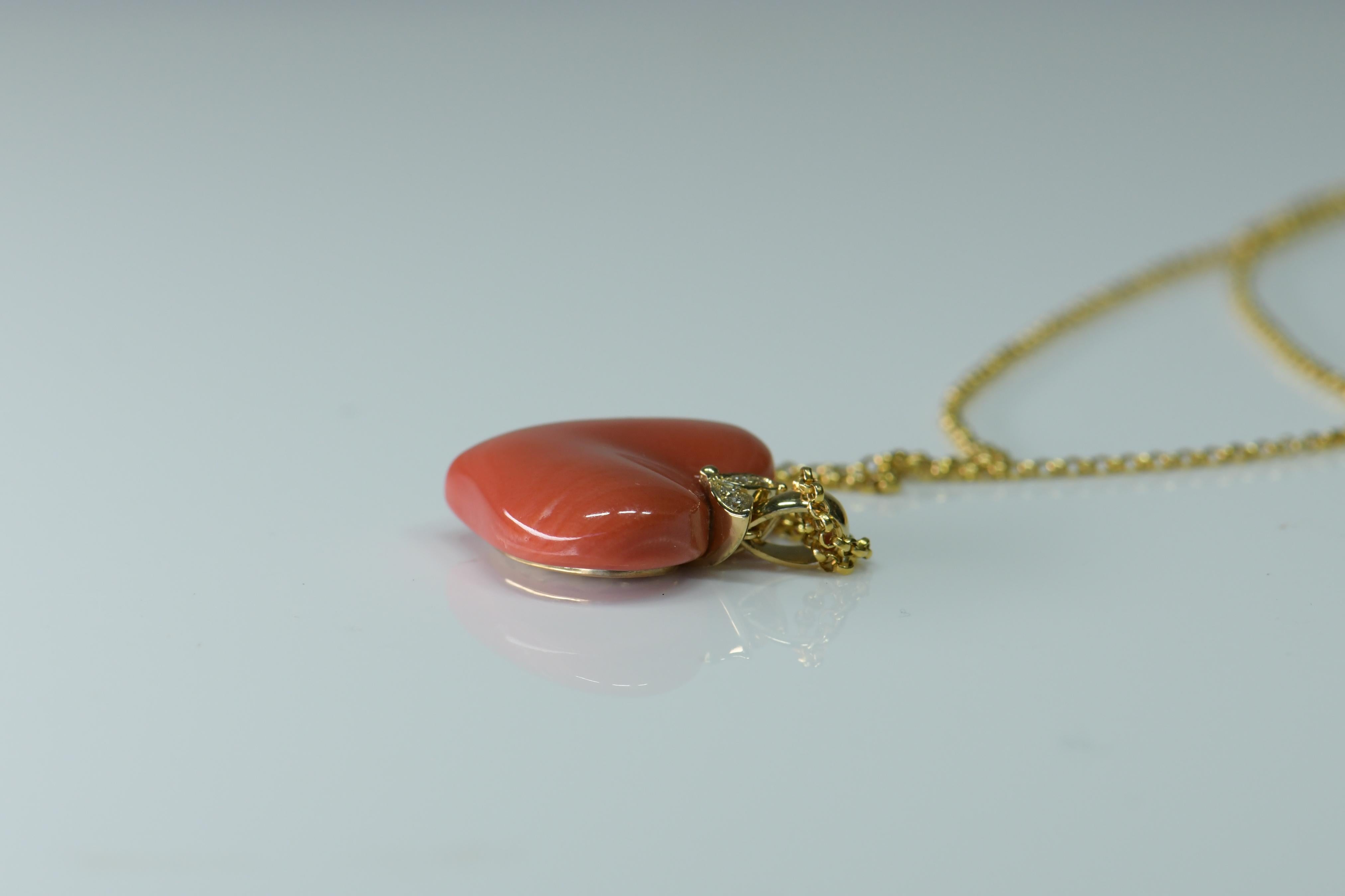 Pear Cut Natural Heart Shaped Coral and Diamond Pendant Necklace