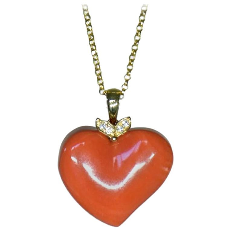 Natural Heart Shaped Coral and Diamond Pendant Necklace