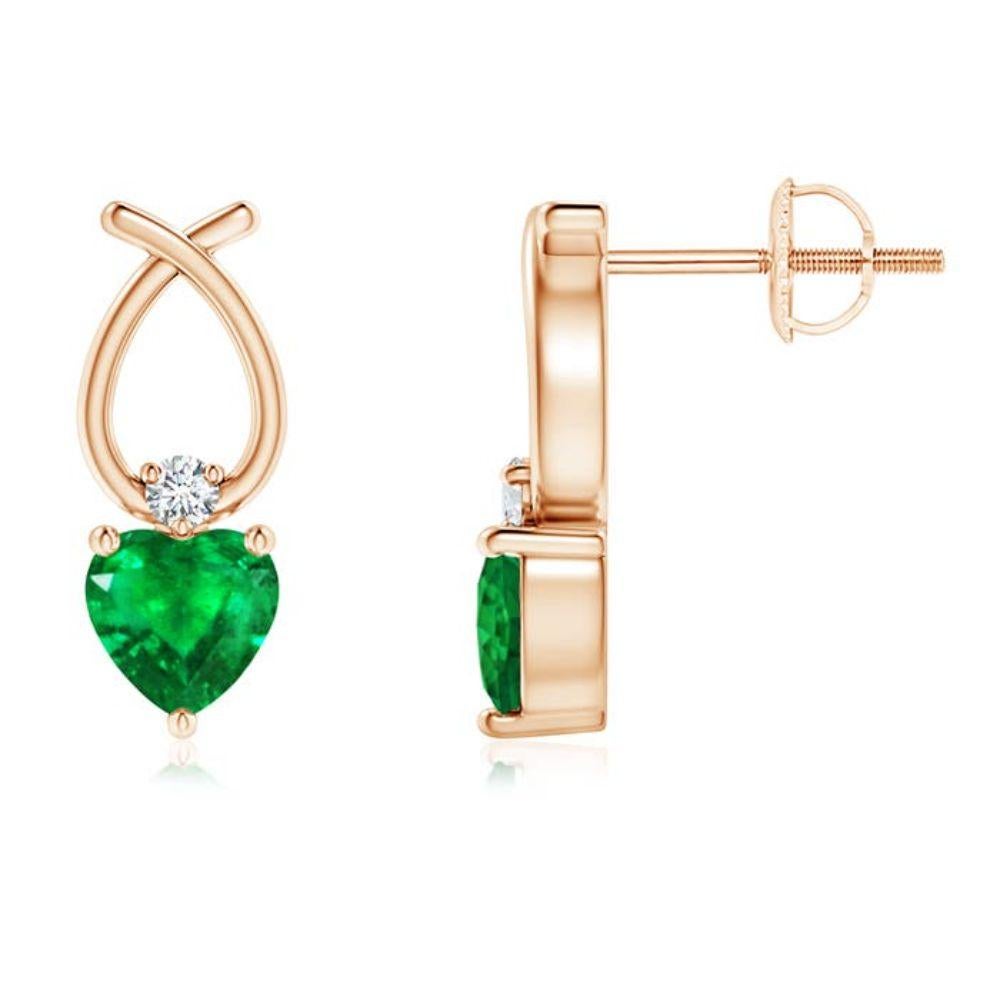 ANGARA Natural Heart Shape 0.40ct Emerald Earrings with Diamond in 14K Rose Gold For Sale