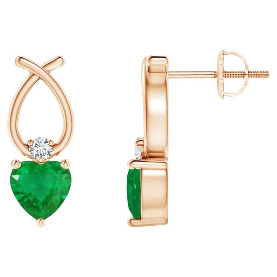 ANGARA Natural Heart Shape 0.80ct Emerald Earrings with Diamond in 14K Rose Gold For Sale