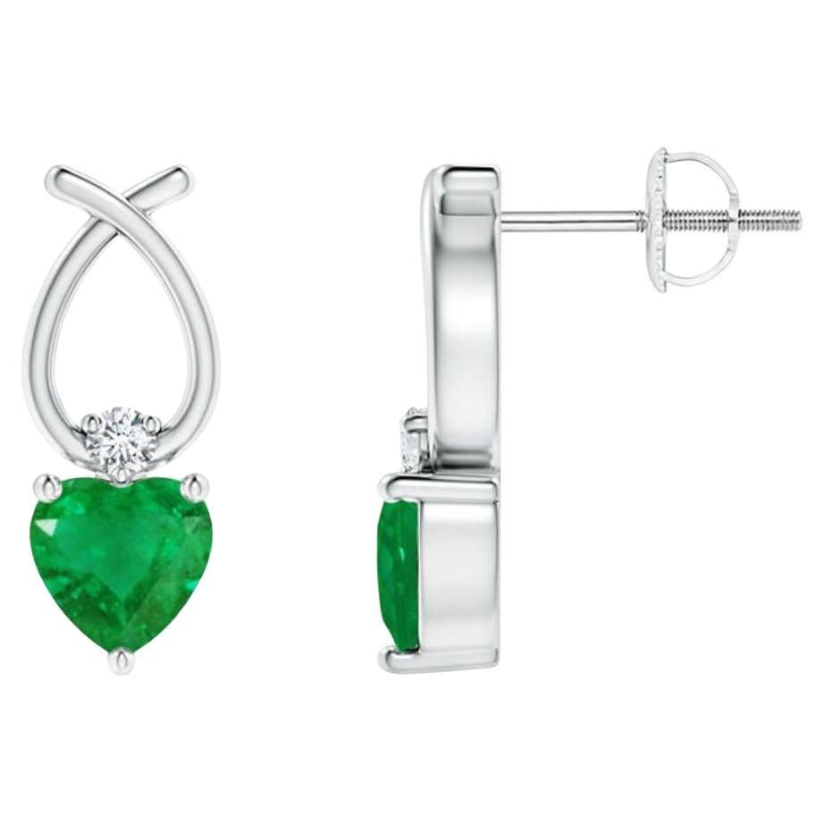 ANGARA Natural Heart Shaped 0.80ct Emerald Earrings with Diamond 14K White Gold For Sale