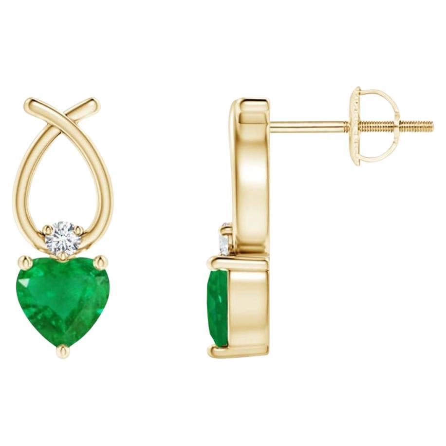 ANGARA Natural Heart Shaped 0.40ct Emerald Earrings with Diamond 4K Yellow Gold For Sale