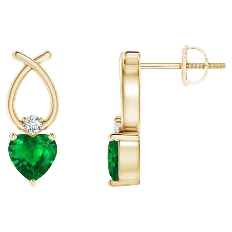 ANGARA Natural Heart Shaped 0.40ct Emerald Earrings with Diamond 14K Yellow Gold For Sale