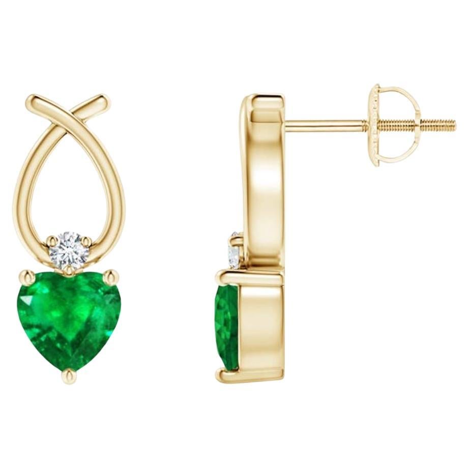 ANGARA Natural Heart Shaped 0.80ct Emerald Earrings with Diamond 14K Yellow Gold For Sale