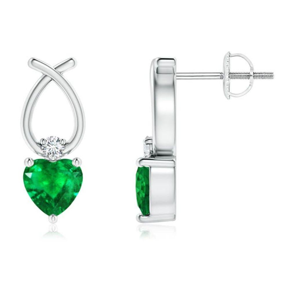 ANGARA Natural Heart Shaped 0.80ct Emerald Earrings with Diamond in Platinum  For Sale
