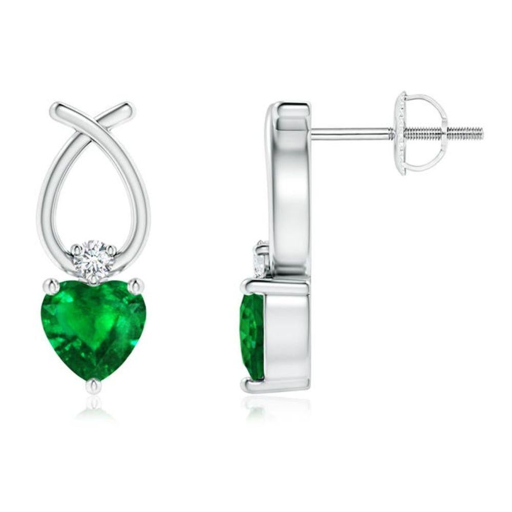 ANGARA Natural Heart Shaped 0.80ct Emerald Earrings with Diamond in Platinum For Sale