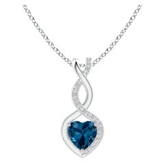 Natural Heart-Shaped London Blue Topaz Pendant with Diamond in 14K White Gold