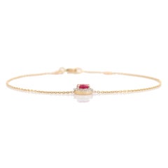 Natural Round Cut Ruby Chain Bracelet with Diamond Halo Accents in 14K Gold