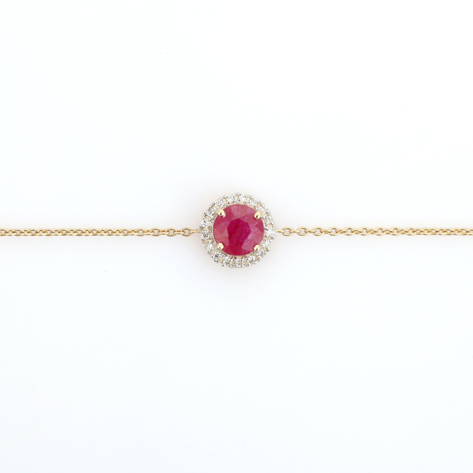 Bracciale a catena con rubino naturale a forma di cuore e accenti di diamanti a raggiera in oro 14K in vendita 2