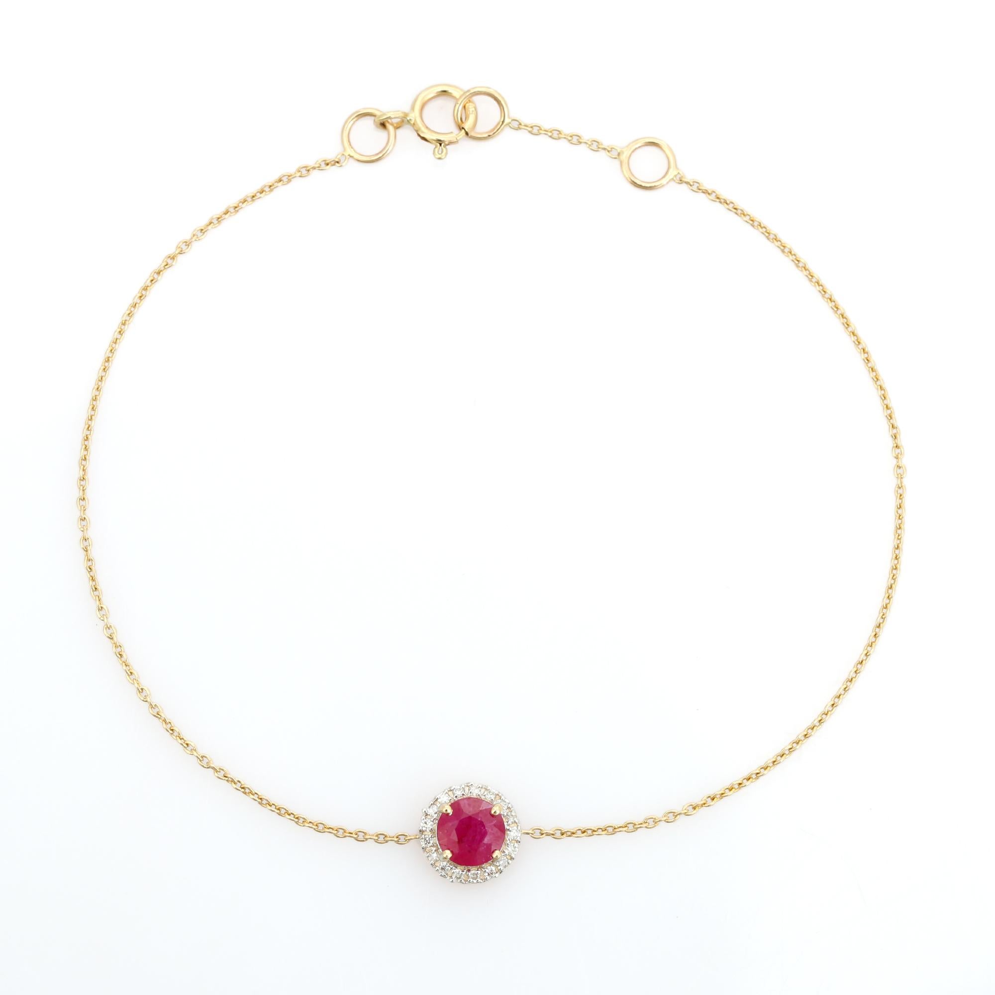 Bracciale a catena con rubino naturale a forma di cuore e accenti di diamanti a raggiera in oro 14K in vendita 3