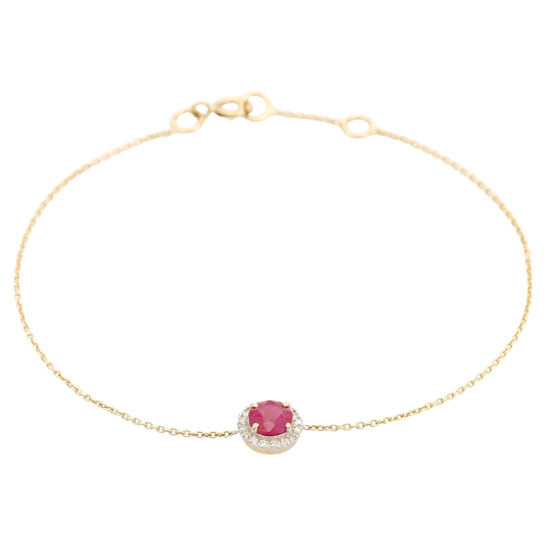 Bracciale a catena con rubino naturale a forma di cuore e accenti di diamanti a raggiera in oro 14K