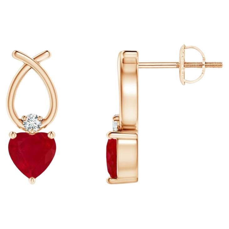ANGARA Natural Heart Shaped 0.60ct Ruby Earrings with Diamond in 14KRose Gold For Sale