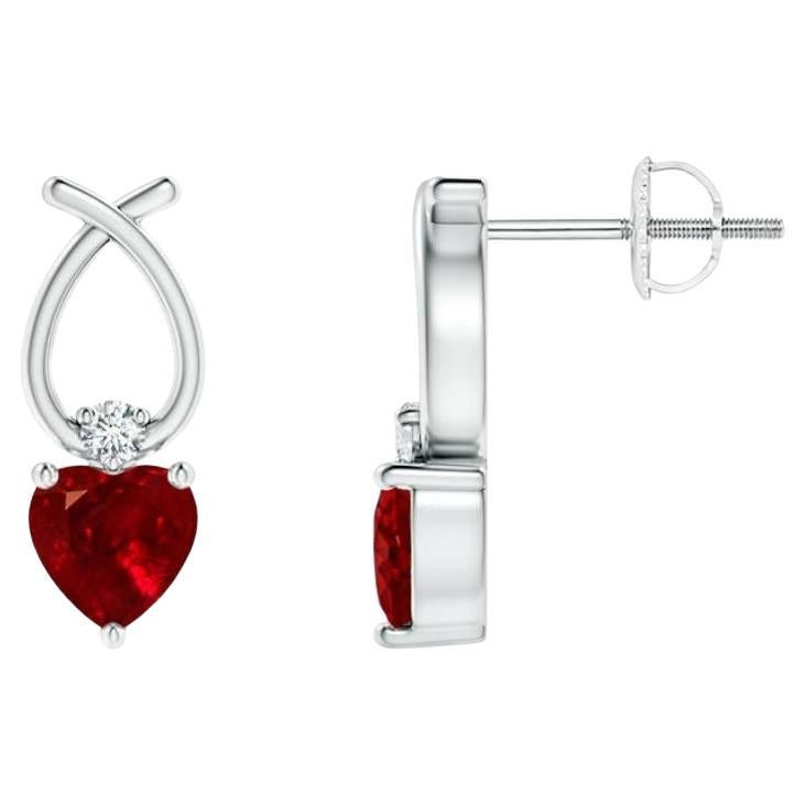 ANGARA Natural Heart Shaped 0.60ct Ruby Earrings with Diamond in 14KWhite Gold For Sale