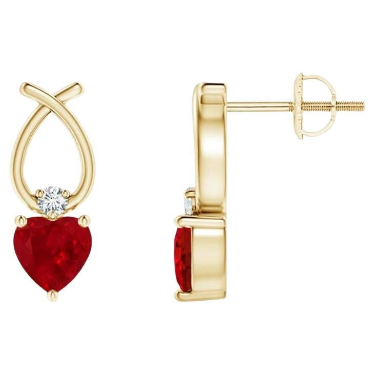 ANGARA Natural Heart Shaped 0.60ct Ruby Earrings with Diamond in 14KYellow Gold For Sale