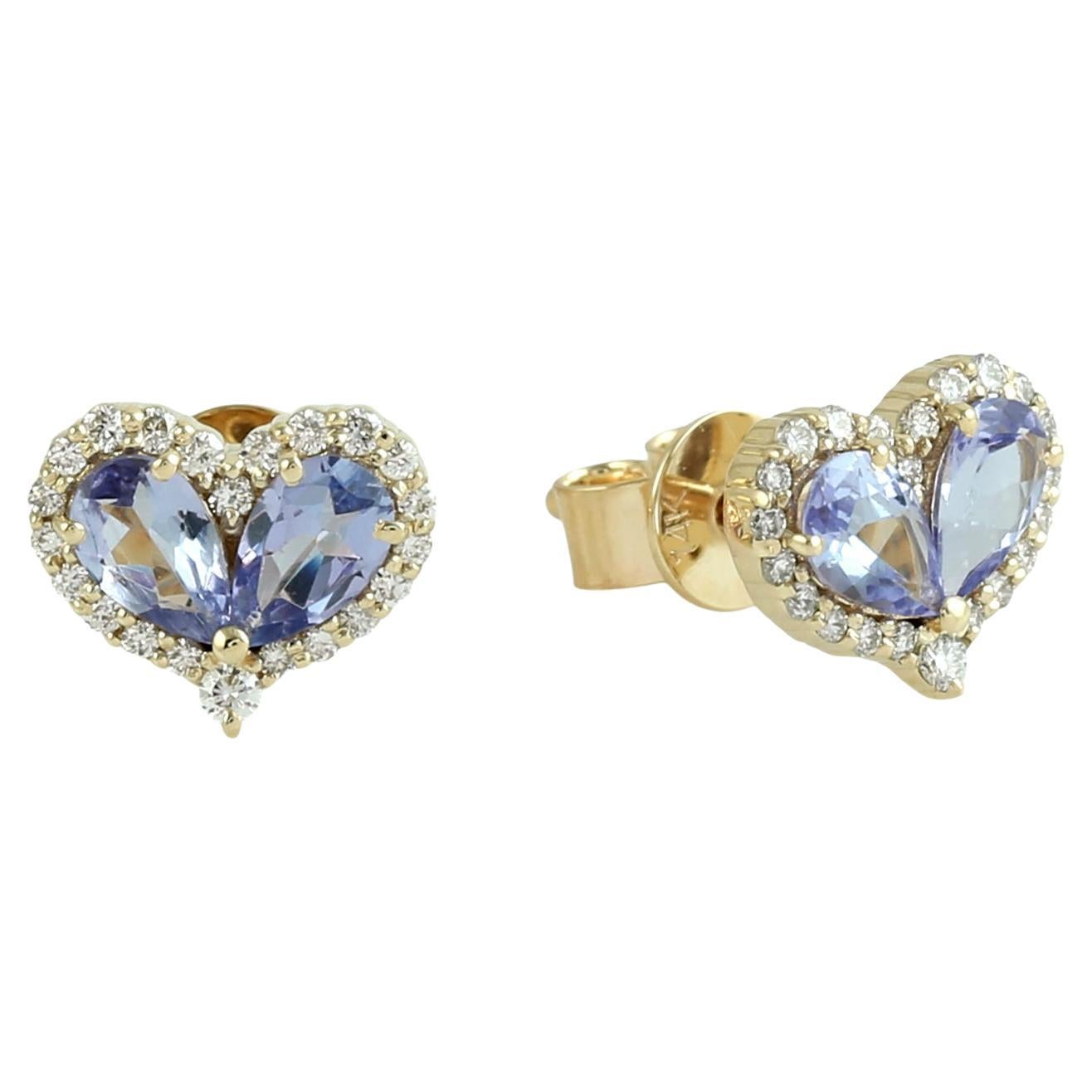 Natural Heart-Shaped Tanzanite Halo Minimal Studs in 14KT Yellow Gold For Sale