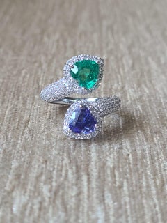 Natural Heart Shaped Zambian Emerald, Tanzanite & Diamonds Cocktail Ring